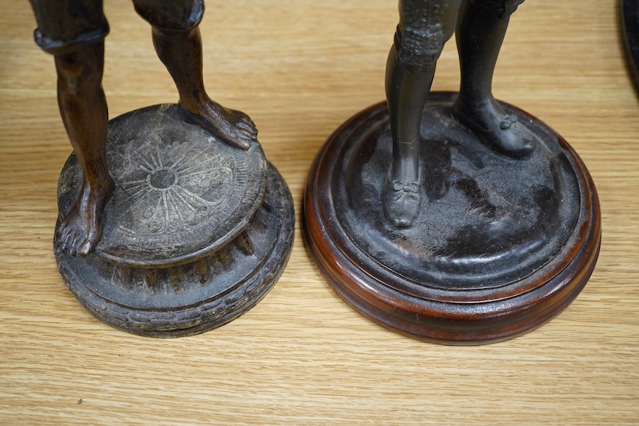 Two spelter figures, including a matador raised on turned wood base, 38cm high. Condition - fair